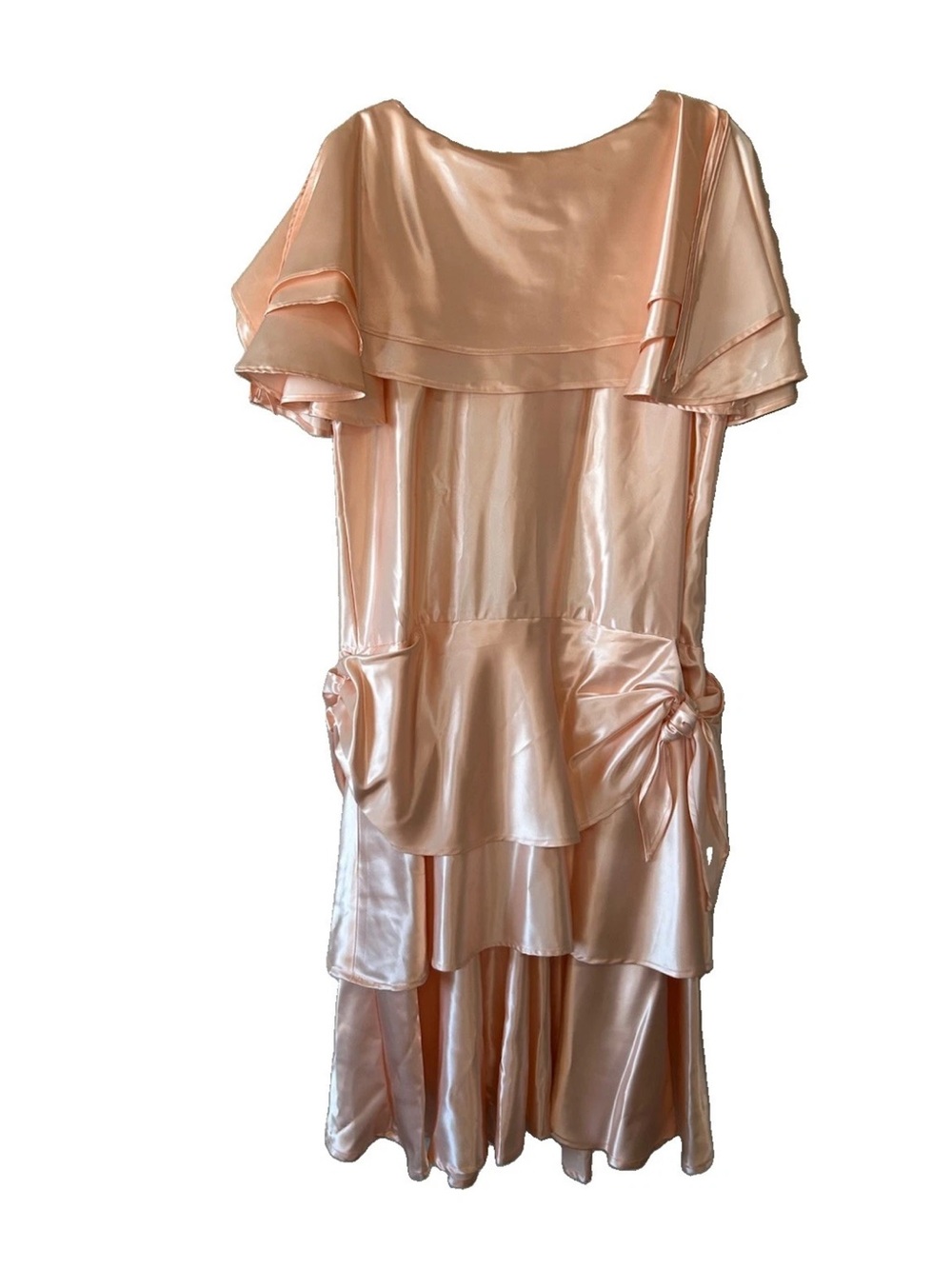 Vintage 80s Pink Satin Maxi Dress Flutter Sleeve Peplum Prom Party L Bridesmaid
